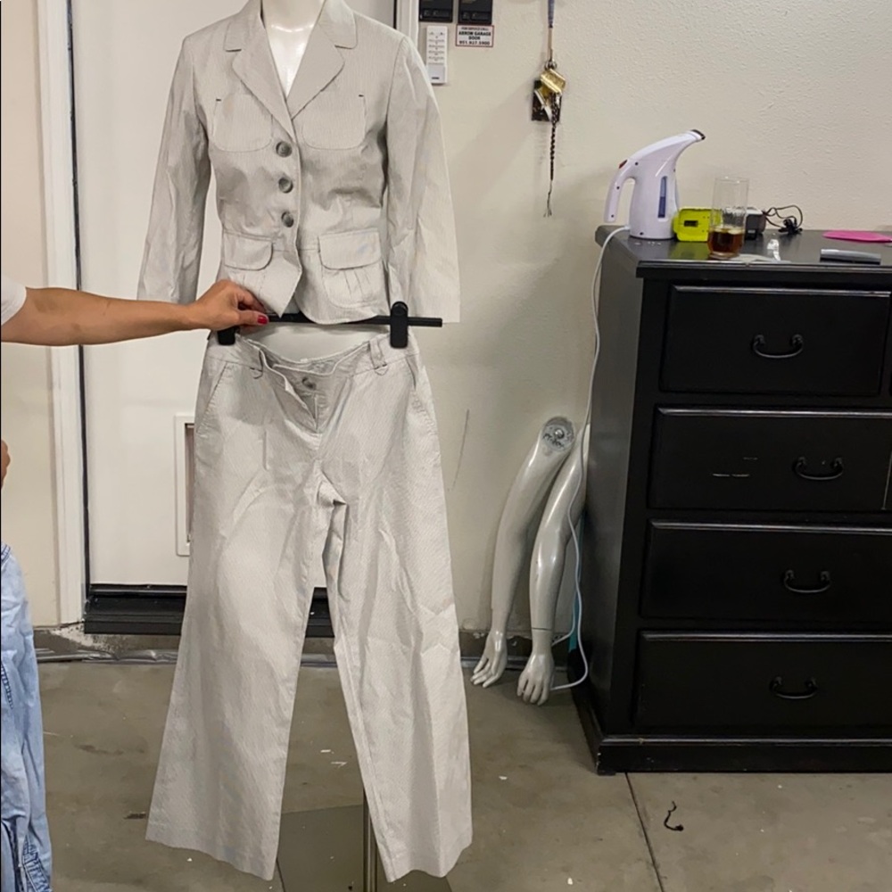 Grey & white pin-striped pant suit
